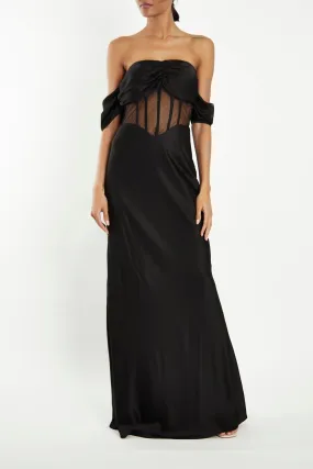 Agnes Black Satin Corset Sheer Maxi-Dress