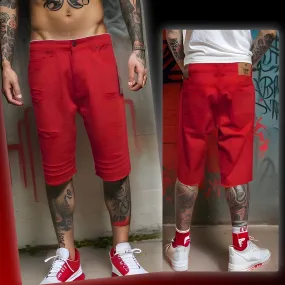 ^AKADEMIKS^ (RED) RIPPED DENIM SHORTS (WAIST 34")