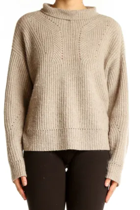 Beige Ribbed Cashmere Mock Neck Sweater