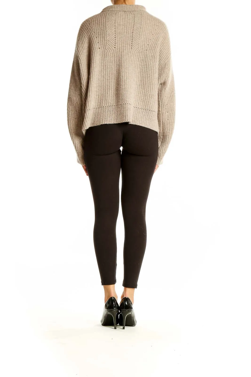 Beige Ribbed Cashmere Mock Neck Sweater