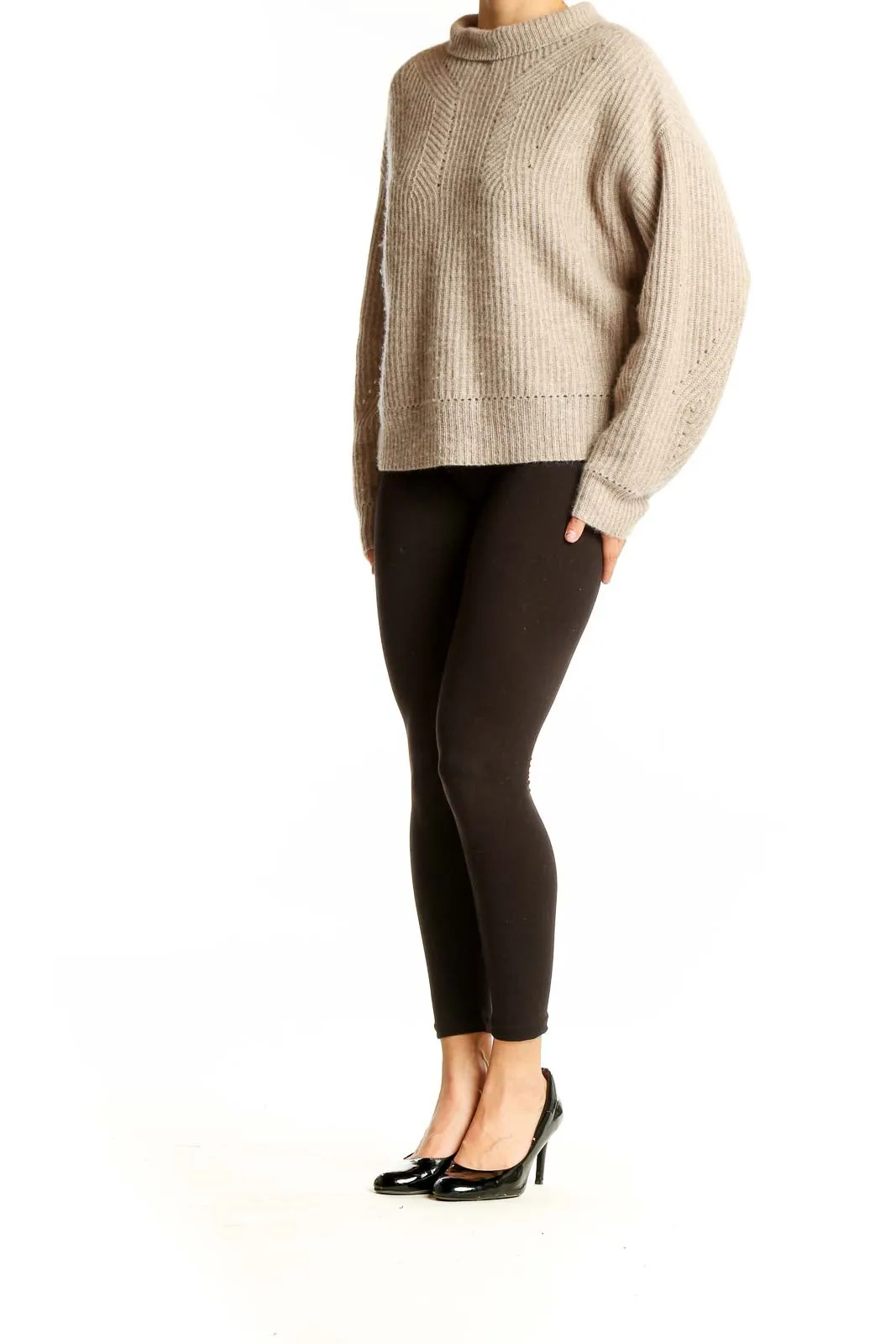 Beige Ribbed Cashmere Mock Neck Sweater