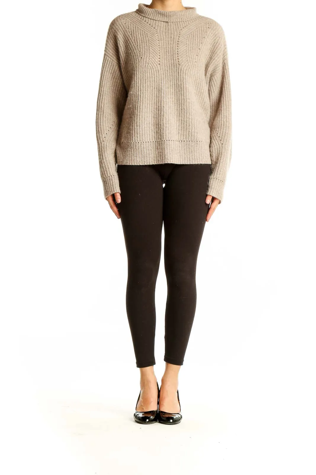 Beige Ribbed Cashmere Mock Neck Sweater