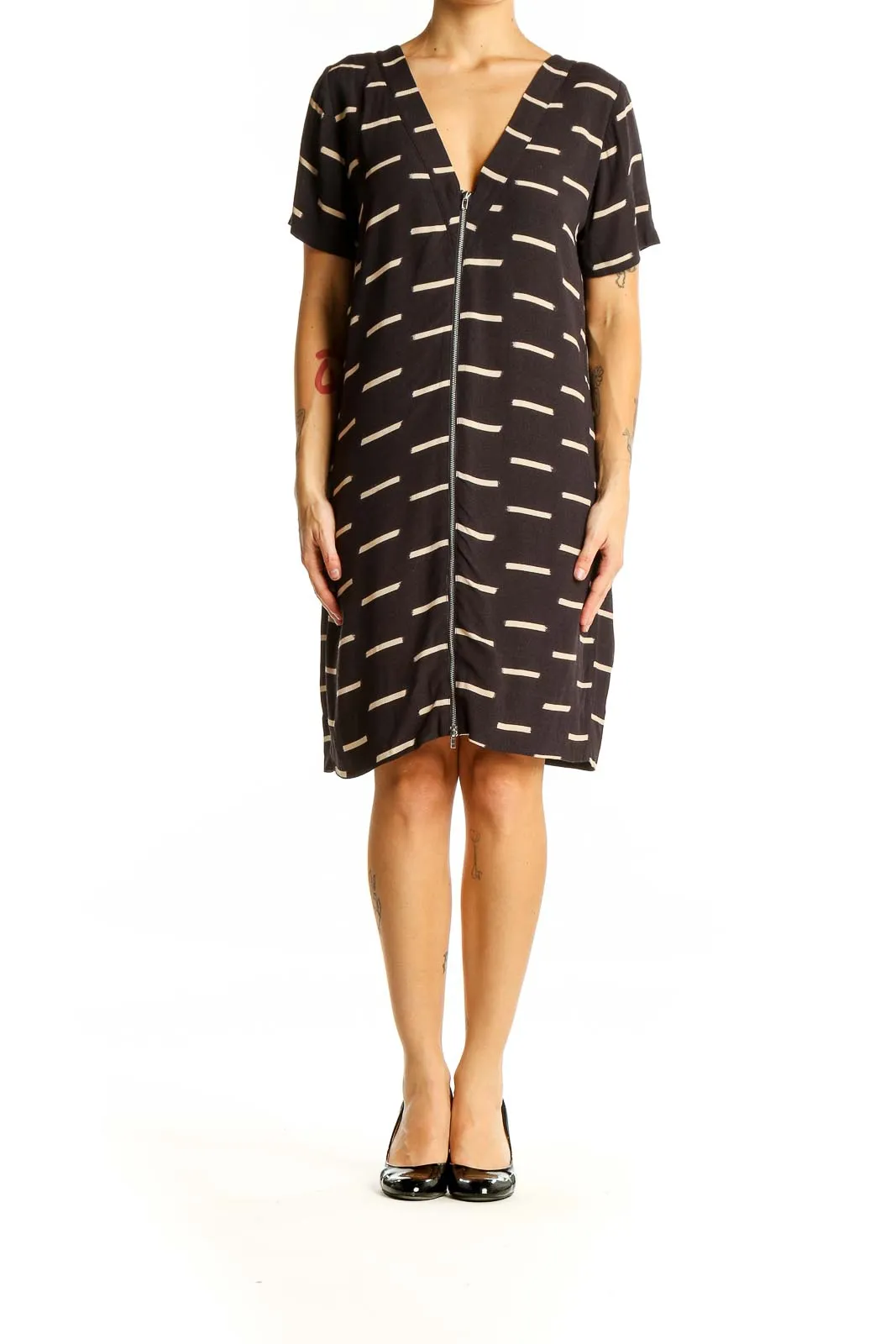 Black Striped Zip-Front Shift Dress