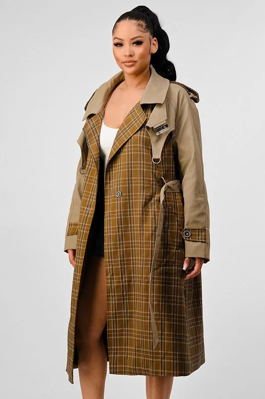 Bliss Plaid  Khaki Contrast Trench Coat