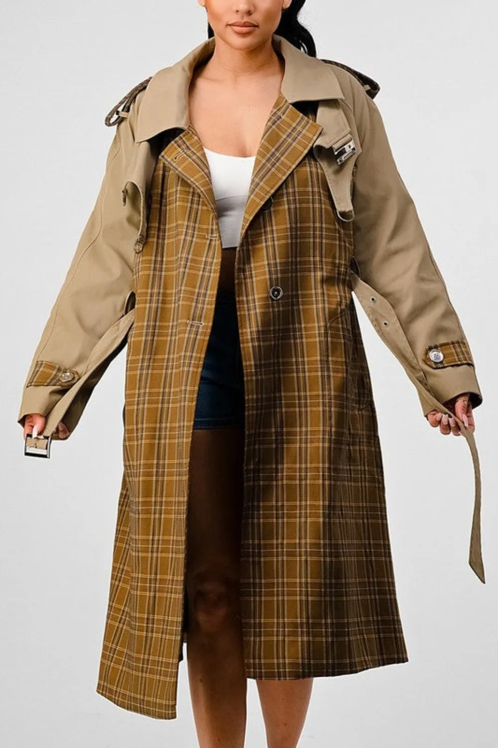 Bliss Plaid  Khaki Contrast Trench Coat