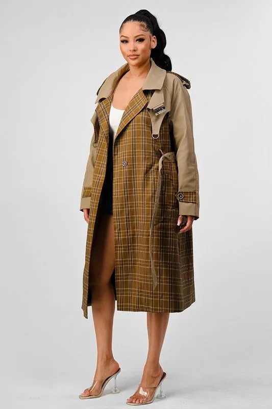 Bliss Plaid  Khaki Contrast Trench Coat