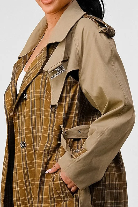 Bliss Plaid  Khaki Contrast Trench Coat