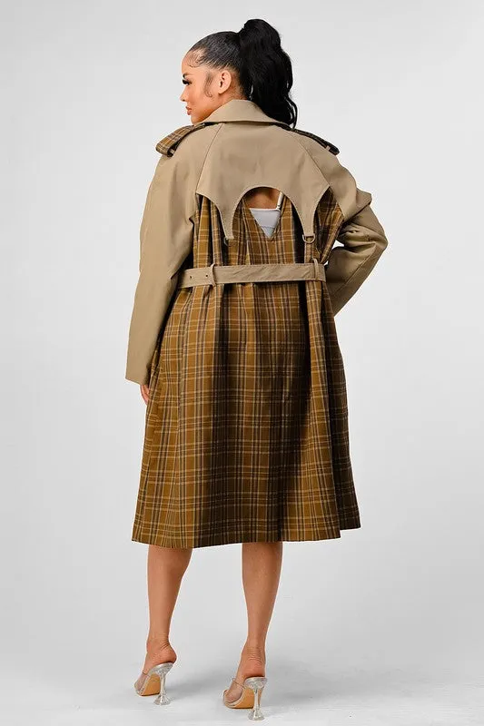 Bliss Plaid  Khaki Contrast Trench Coat