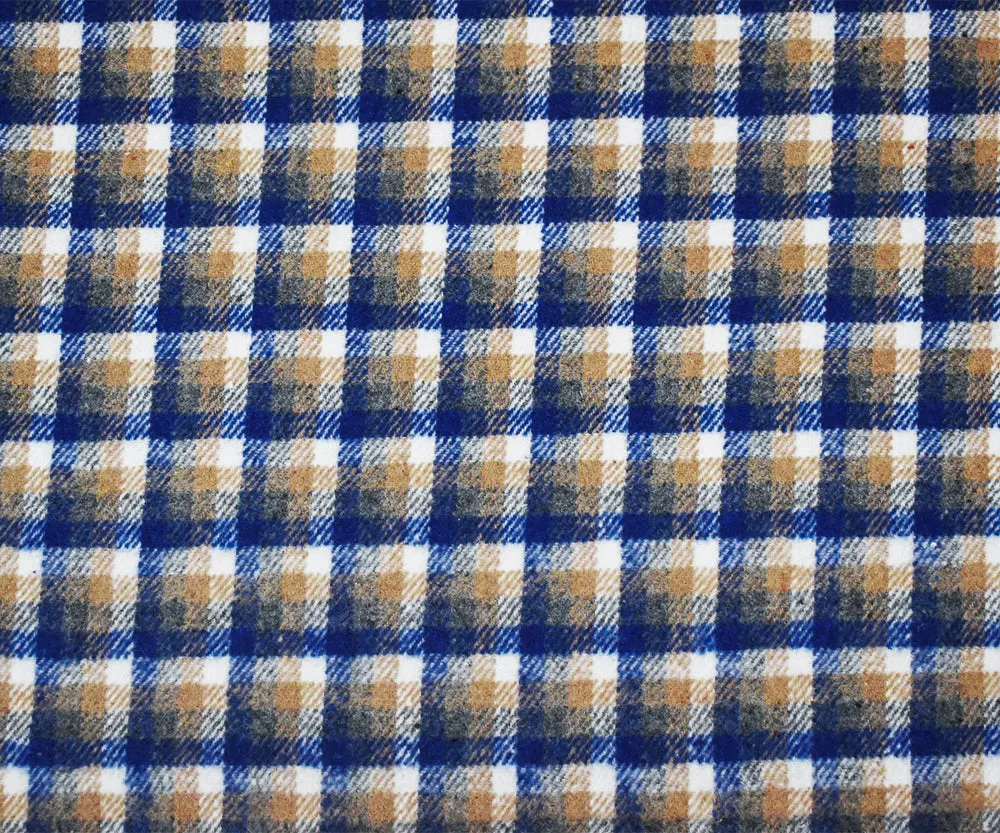 Blue-Beige-White Poly-Wool Single Sided Brush Plaid Jacketing Fabric