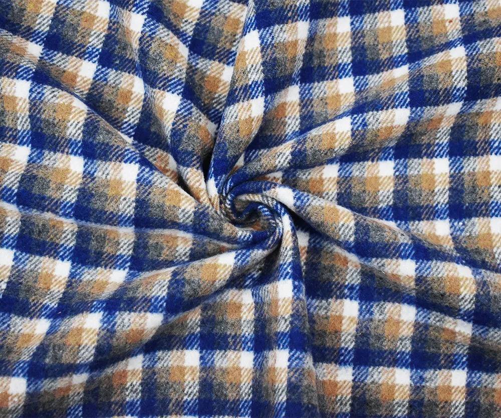 Blue-Beige-White Poly-Wool Single Sided Brush Plaid Jacketing Fabric