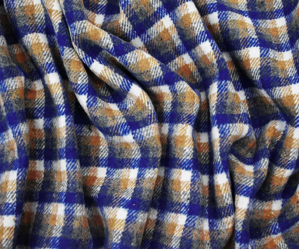 Blue-Beige-White Poly-Wool Single Sided Brush Plaid Jacketing Fabric