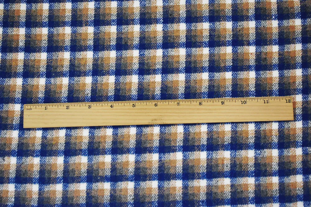 Blue-Beige-White Poly-Wool Single Sided Brush Plaid Jacketing Fabric