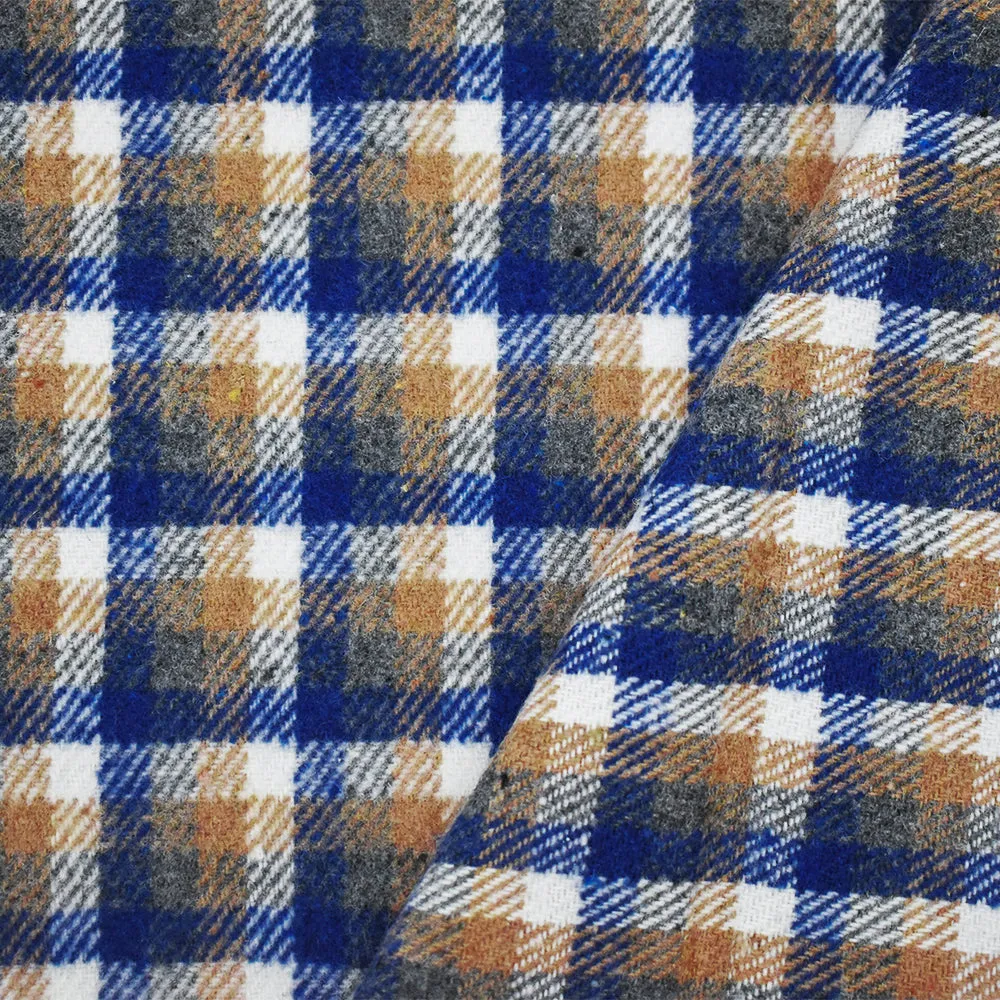 Blue-Beige-White Poly-Wool Single Sided Brush Plaid Jacketing Fabric