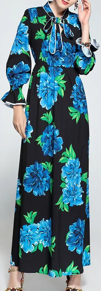 Blue-Floral-Printed Maxi Dress