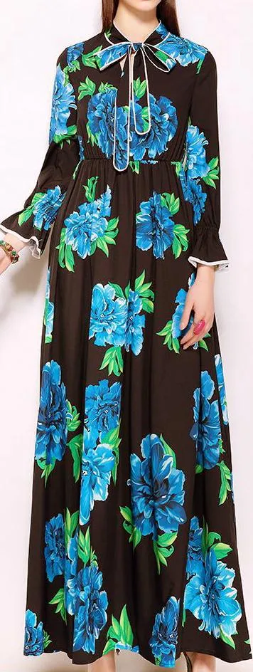 Blue-Floral-Printed Maxi Dress