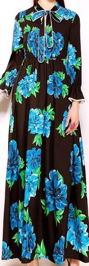 Blue-Floral-Printed Maxi Dress