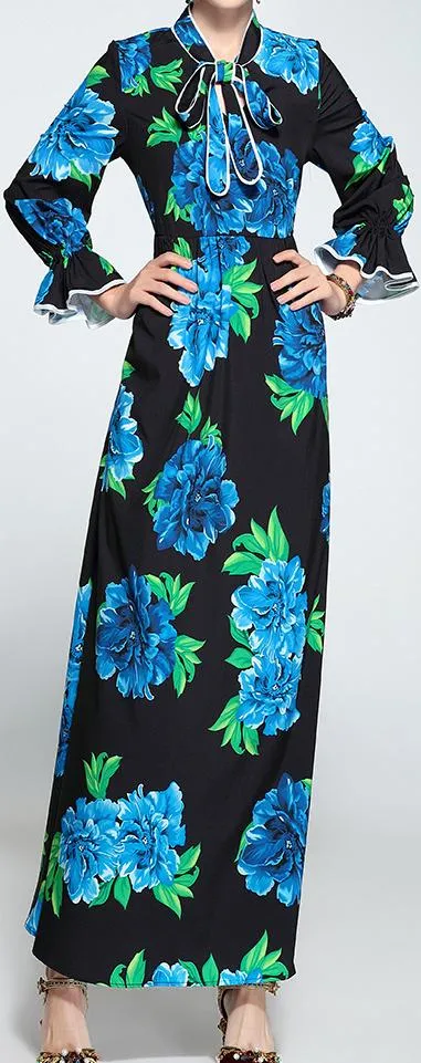 Blue-Floral-Printed Maxi Dress