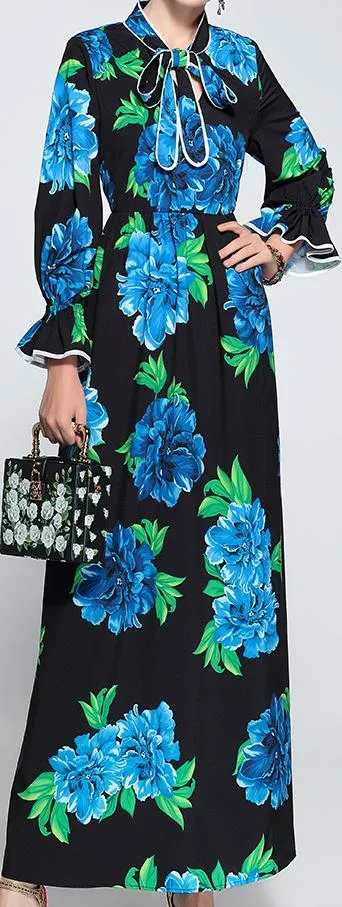 Blue-Floral-Printed Maxi Dress