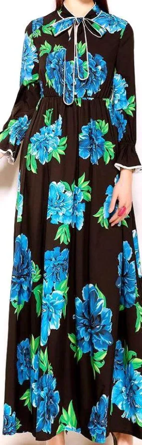 Blue-Floral-Printed Maxi Dress