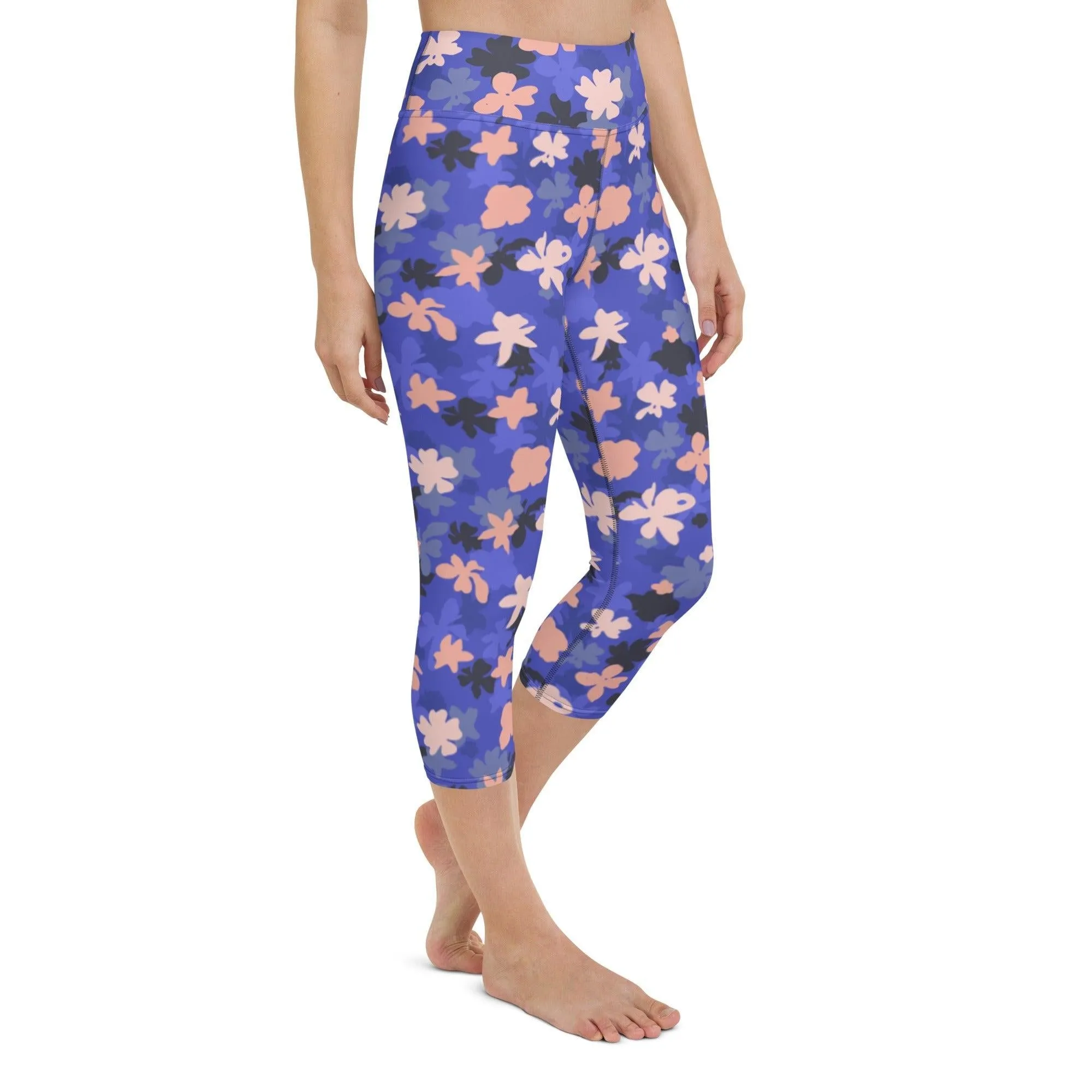 Blue Floral Women's Capri Yoga Pants