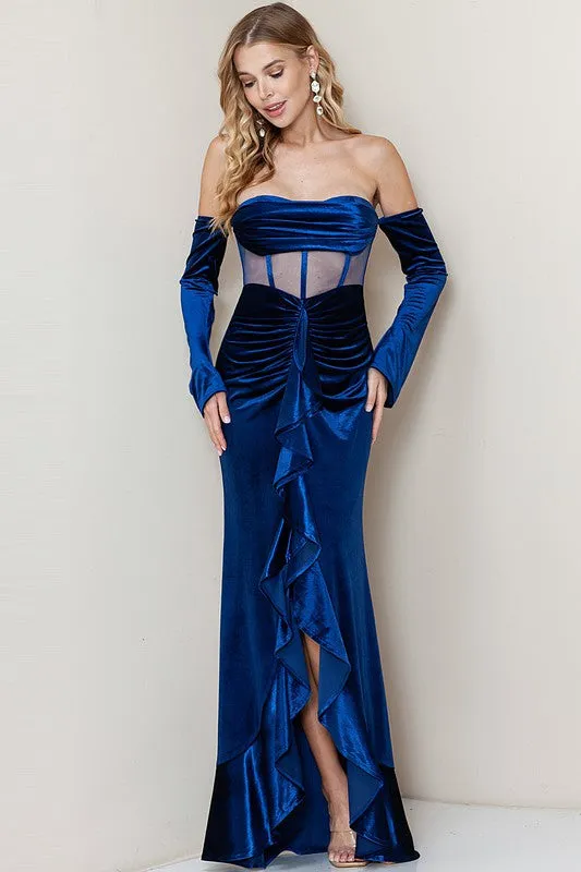 Blue Off Shoulder Corset Shirring Velvet Maxi Dress