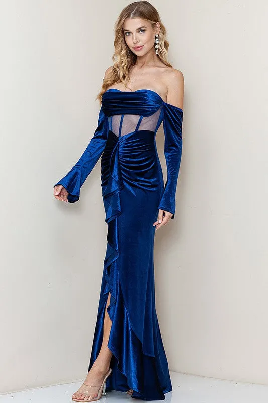 Blue Off Shoulder Corset Shirring Velvet Maxi Dress