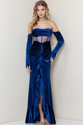 Blue Off Shoulder Corset Shirring Velvet Maxi Dress