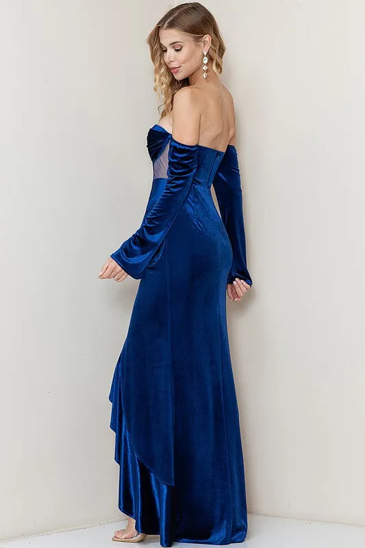 Blue Off Shoulder Corset Shirring Velvet Maxi Dress