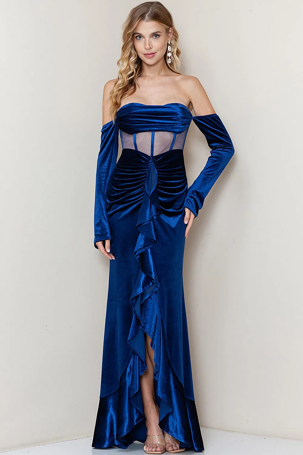 Blue Off Shoulder Corset Shirring Velvet Maxi Dress