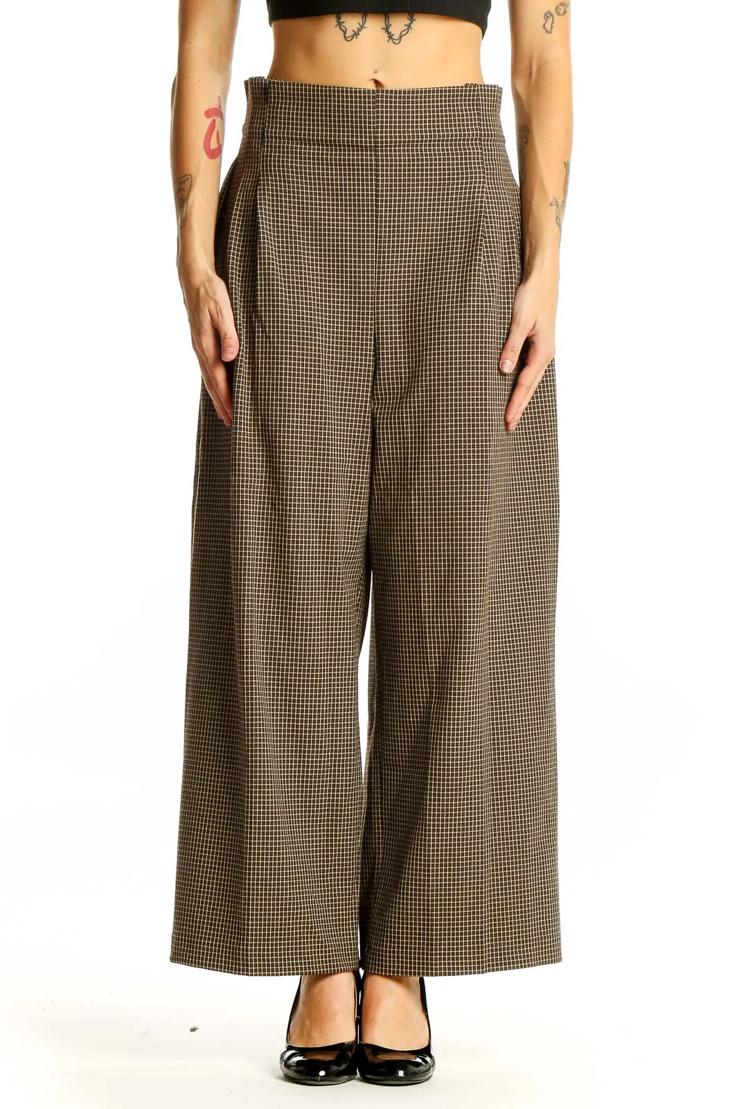 Brown Houndstooth Wide-Leg Trousers