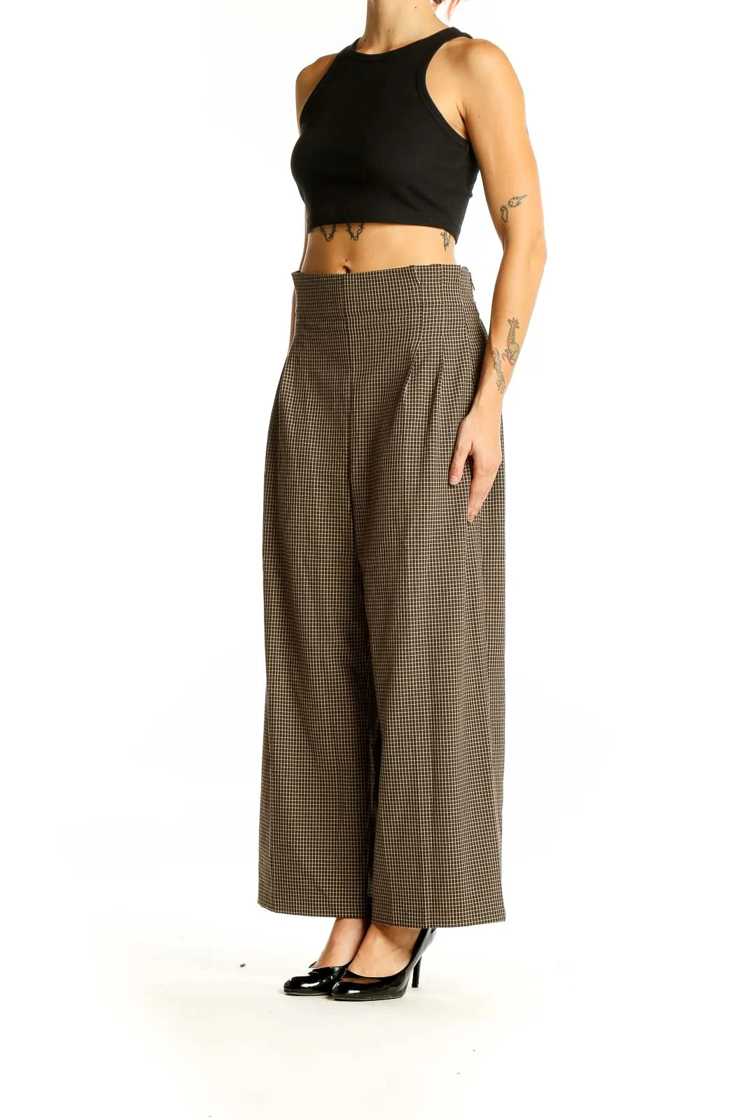 Brown Houndstooth Wide-Leg Trousers