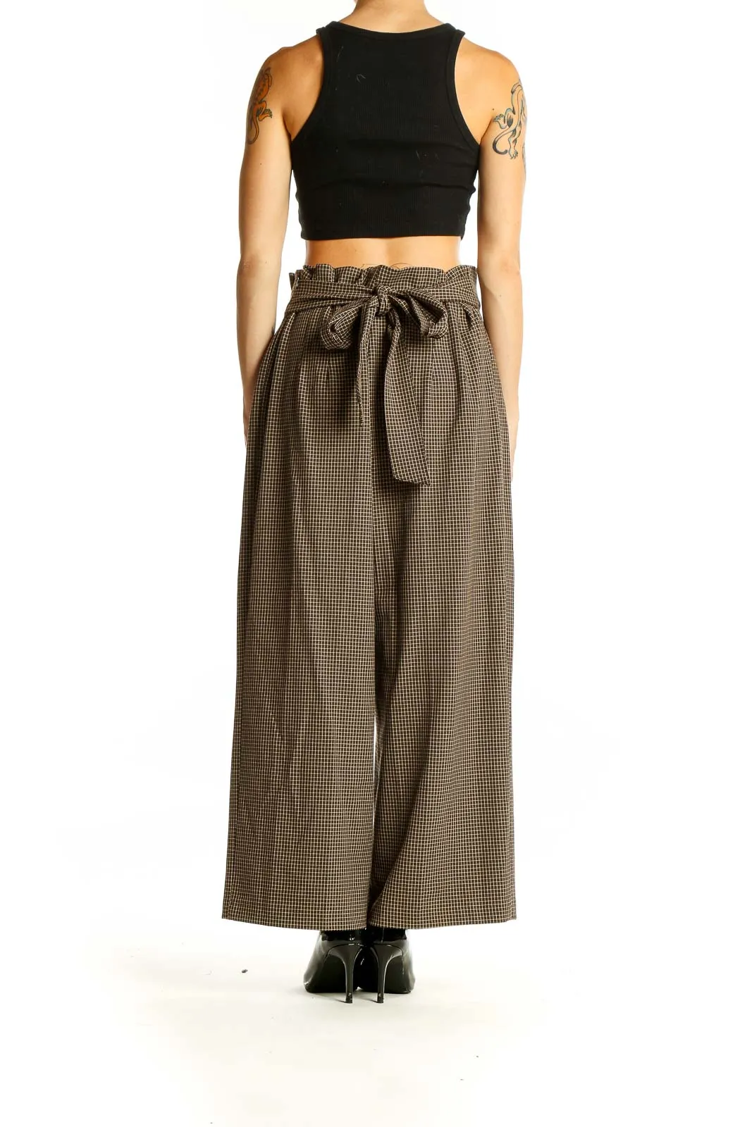 Brown Houndstooth Wide-Leg Trousers