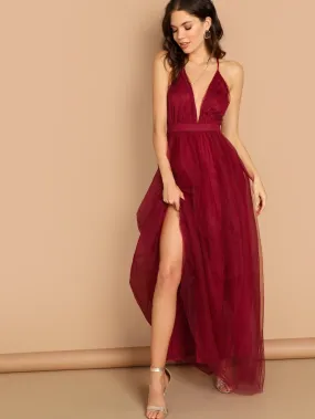 Burgundy Sleeveless V Plunging Neck Mesh-Overlay Maxi Dress