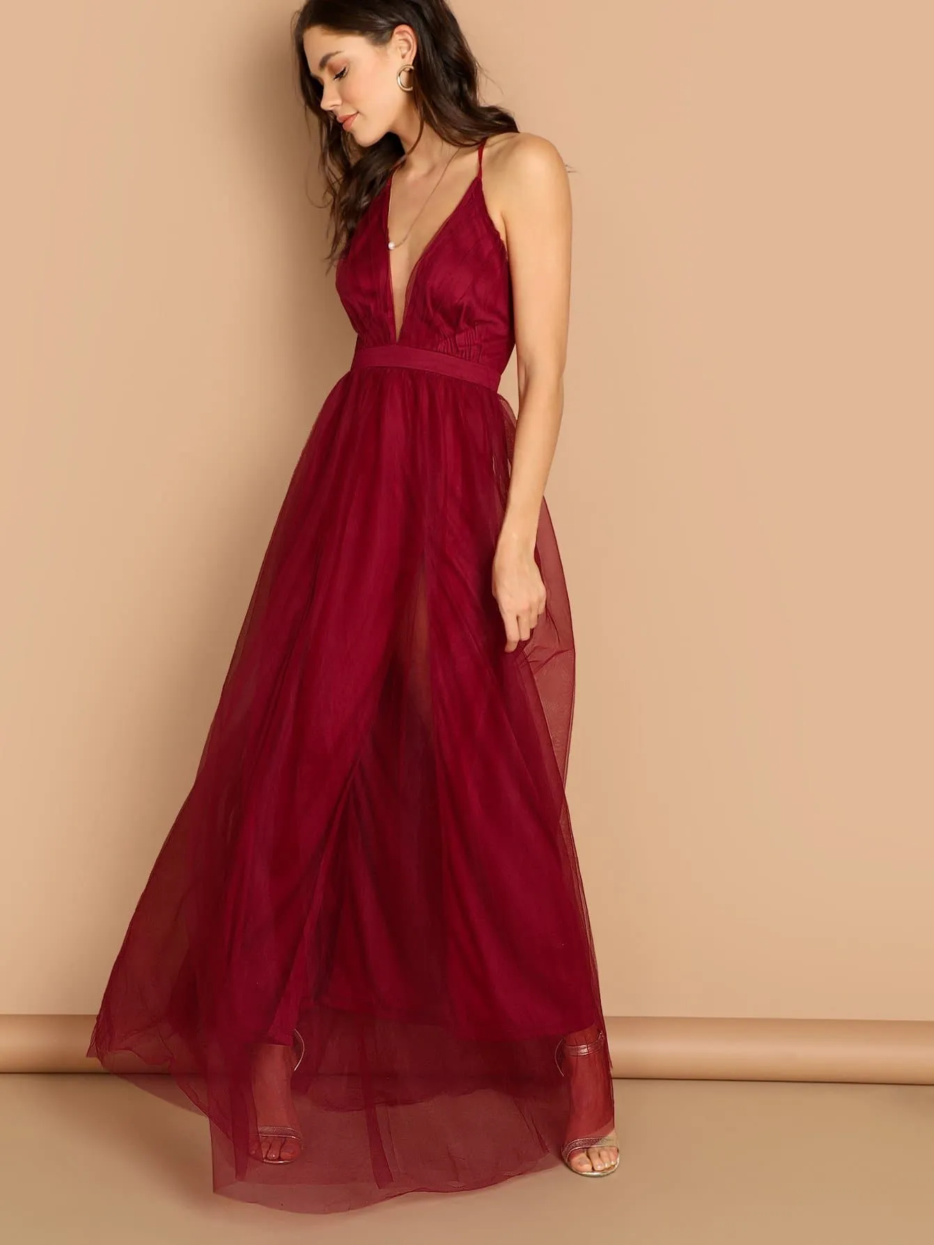 Burgundy Sleeveless V Plunging Neck Mesh-Overlay Maxi Dress