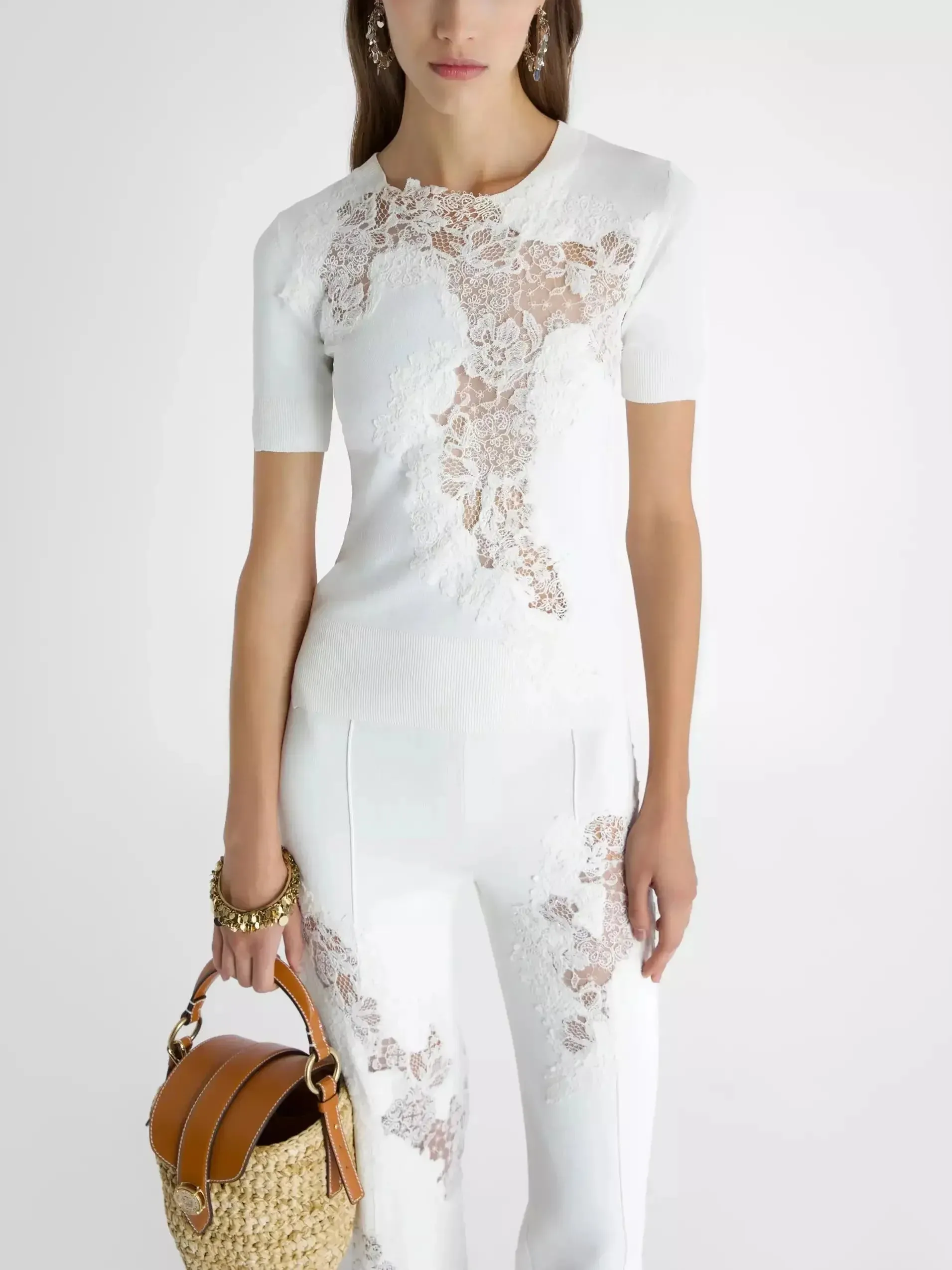 Cashmere-Blend Lace-Embroidered Short-Sleeve Sweater in White