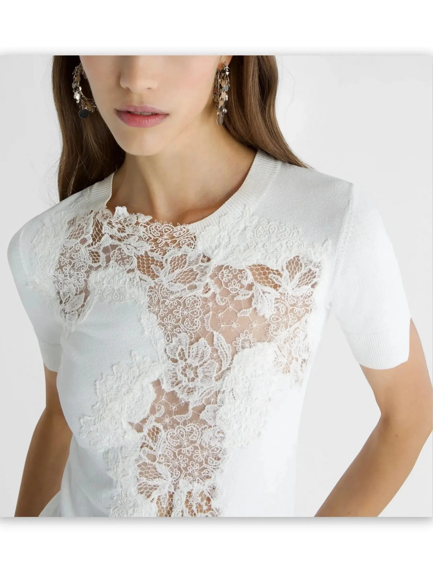 Cashmere-Blend Lace-Embroidered Short-Sleeve Sweater in White