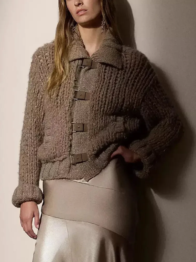 Cashmere Knit Cardigan with Suede Buckle Tab Closure