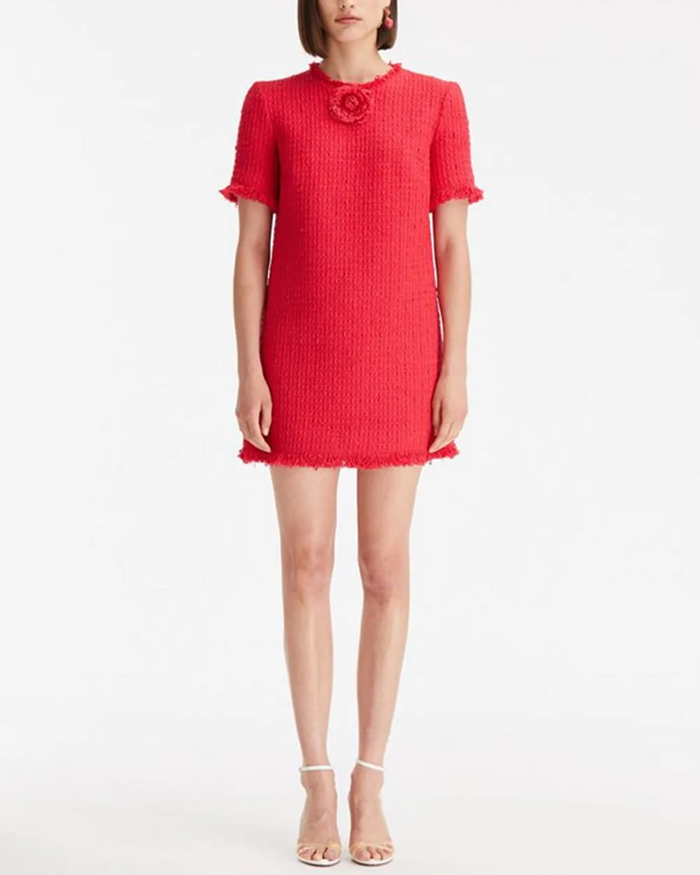 Cerise Jewel Neck Tweed Shift Dress