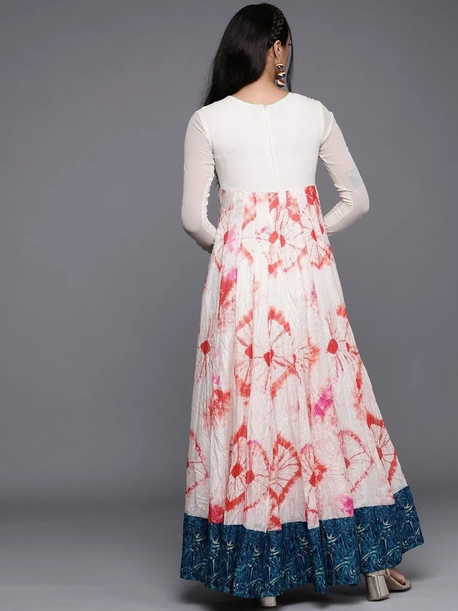 Cream Tye and Dye Embroidered Maxi Dress