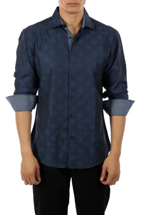 Crisscrossed Halftone Pattern Long Sleeve Dress Shirt Navy