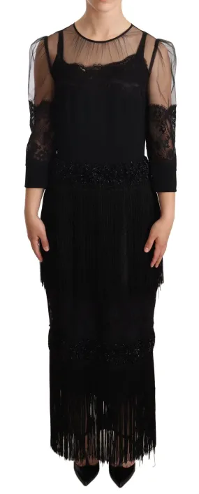 Dolce & Gabbana Black Sheer Floral Lace Crystal Maxi Dress