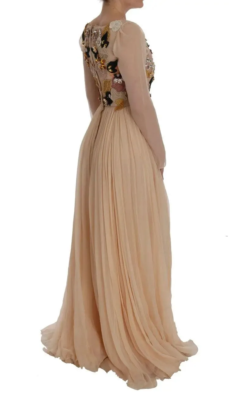 Dolce & Gabbana Peach Silk Floral Crystal Maxi Gown Dress