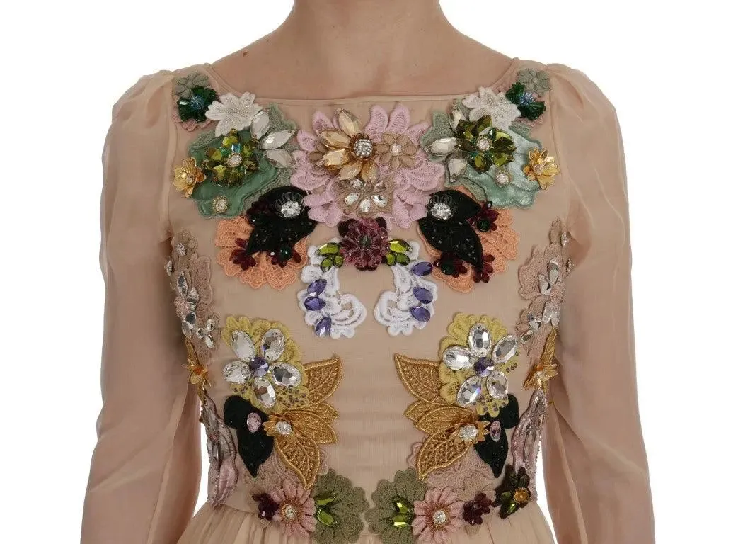 Dolce & Gabbana Peach Silk Floral Crystal Maxi Gown Dress