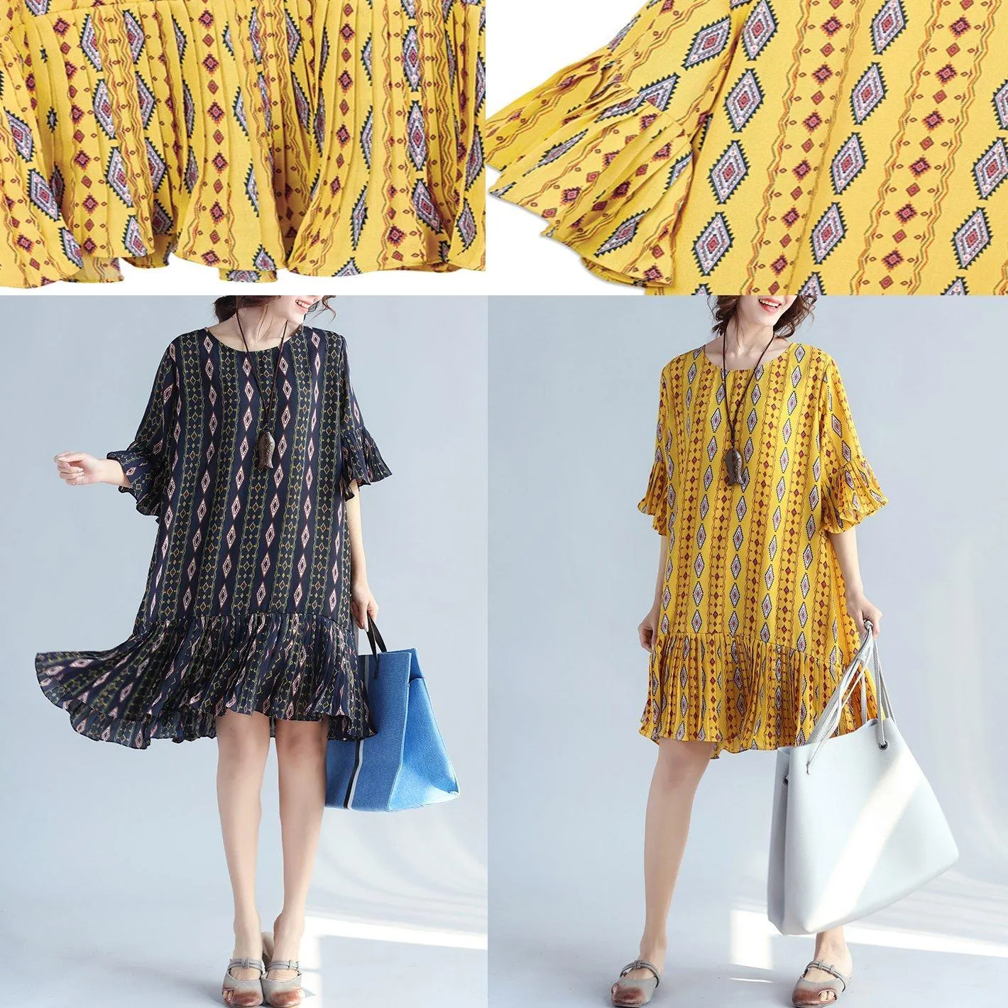 Elegant yellow prints chiffon shift dresses oversized chiffon clothing dresses women ruffles hem ruffles sleeve dress