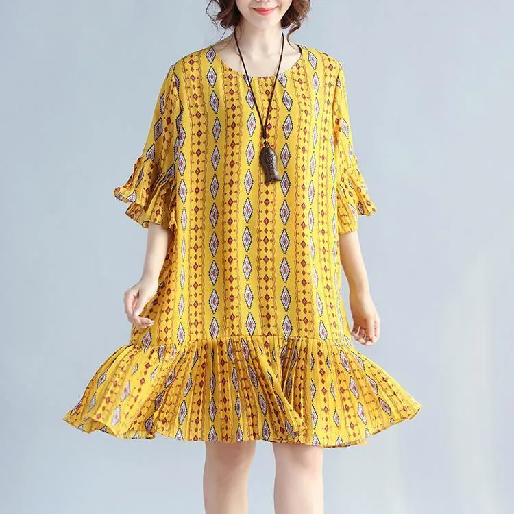 Elegant yellow prints chiffon shift dresses oversized chiffon clothing dresses women ruffles hem ruffles sleeve dress