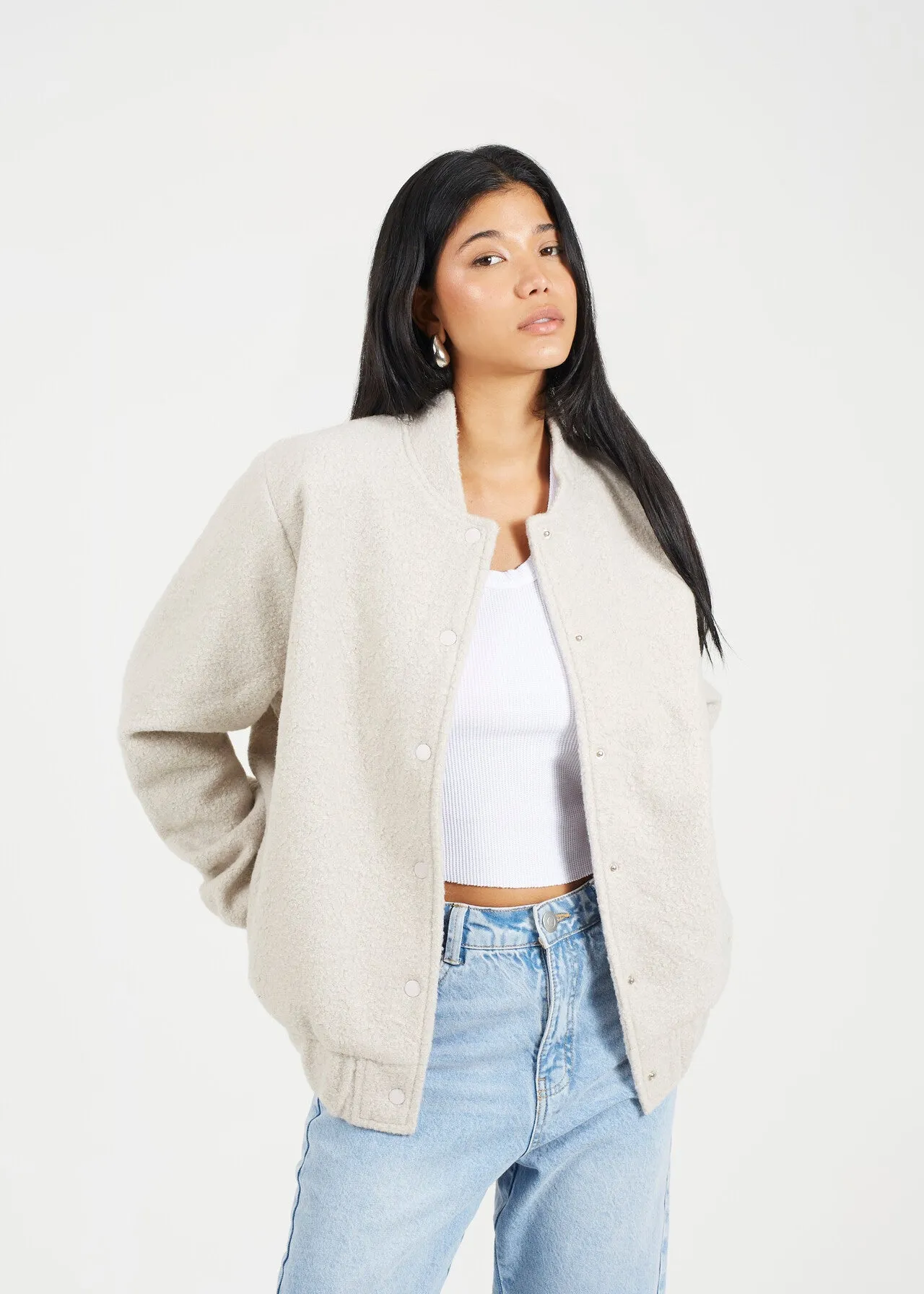 FAUX WOOL BOUCLE BOMBER JACKET, LIGHT GREY