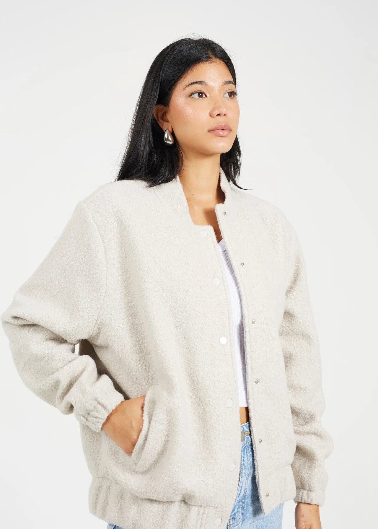 FAUX WOOL BOUCLE BOMBER JACKET, LIGHT GREY