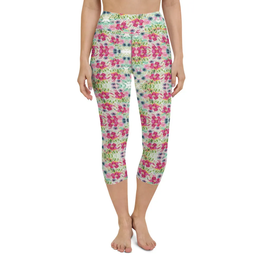 Floral Print Yoga Capri Leggings, Rose Mixed Flower Print Women's Gym Pants-Made in USA/EU