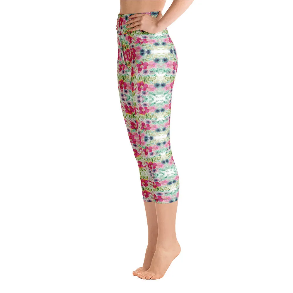 Floral Print Yoga Capri Leggings, Rose Mixed Flower Print Women's Gym Pants-Made in USA/EU