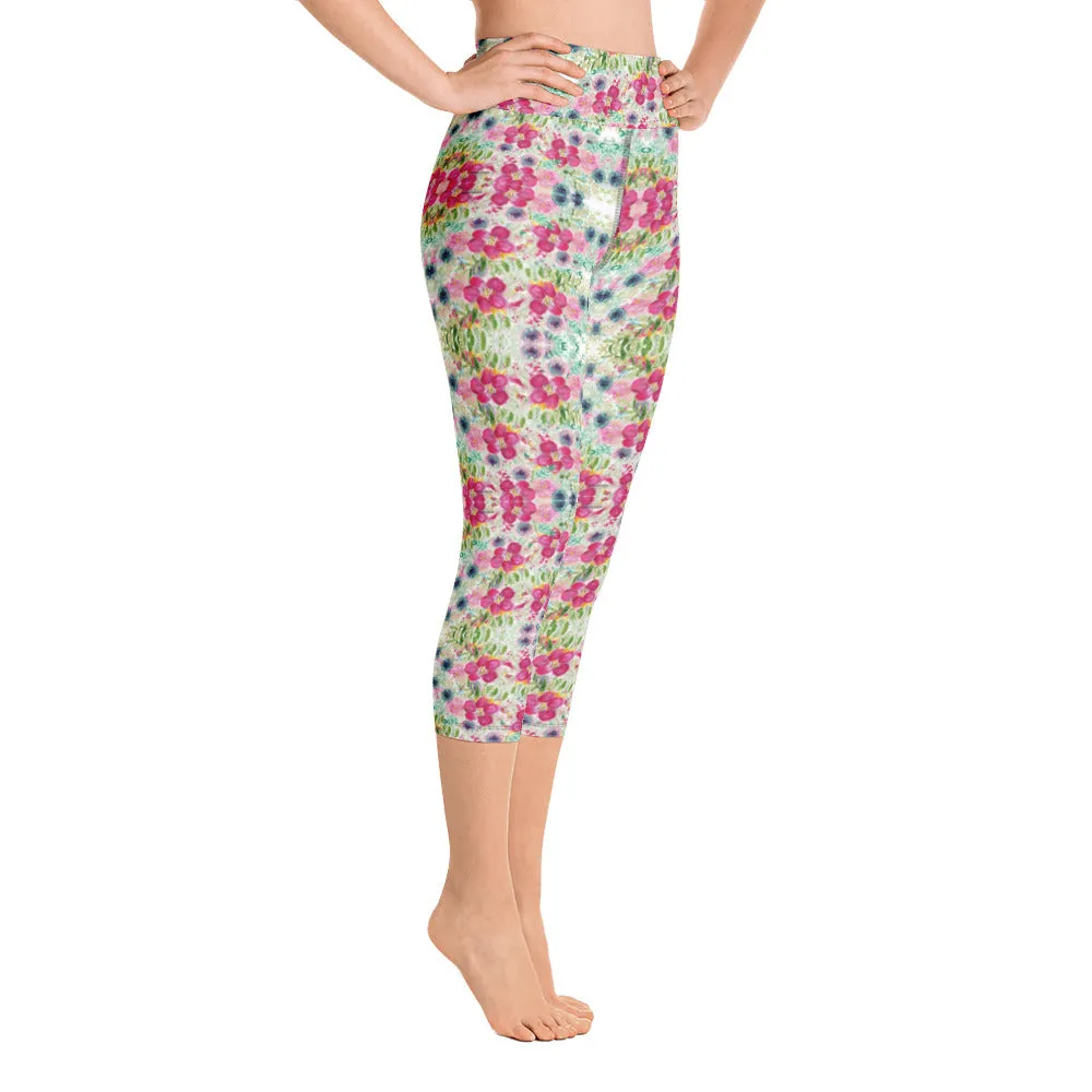 Floral Print Yoga Capri Leggings, Rose Mixed Flower Print Women's Gym Pants-Made in USA/EU